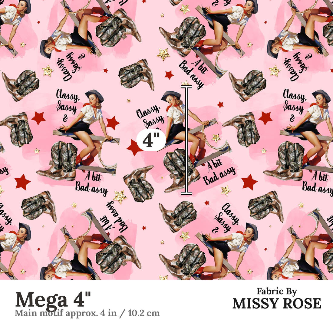 Design 304 Sassy Cowgirl Fabric Mega 4" - print scale | Fabric by Missy Rose