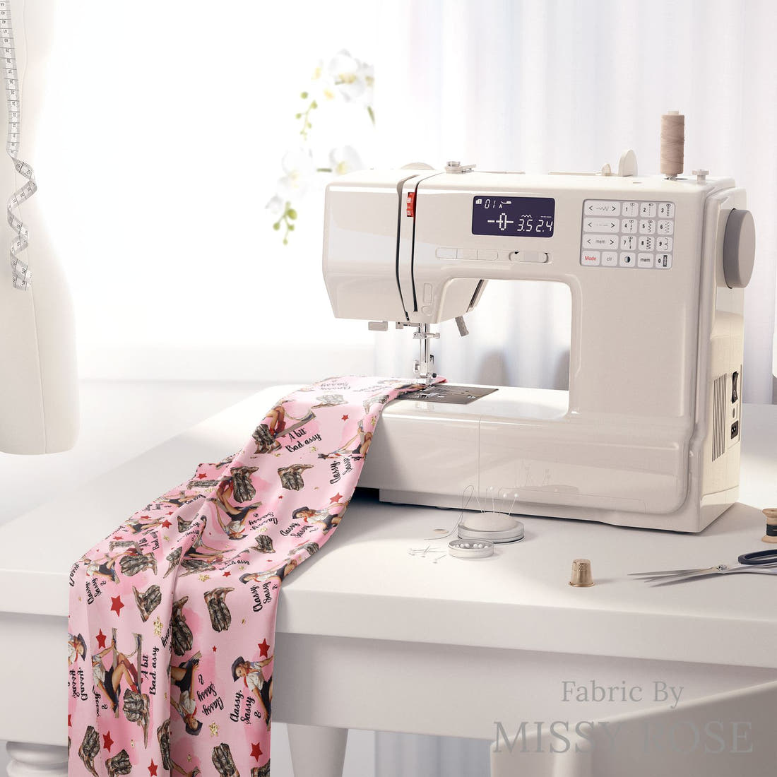 Design 304 Sassy Cowgirl Fabric on a sewing machine – premium fabric for sewing projects | Fabric by Missy Rose