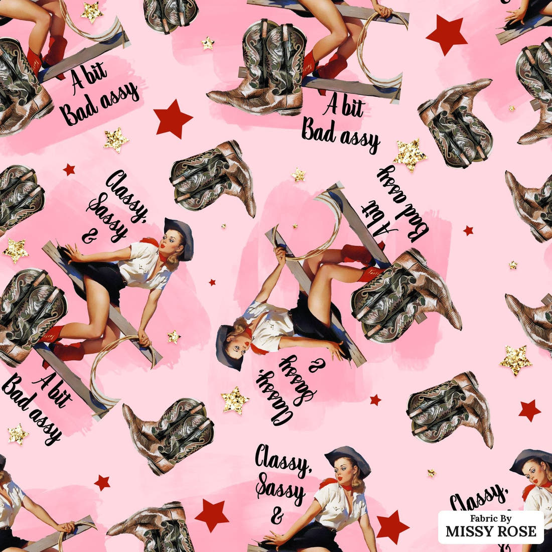 Design 304 Sassy Cowgirl Fabric - flat view of the print, zoom in for detail | Fabric by Missy Rose