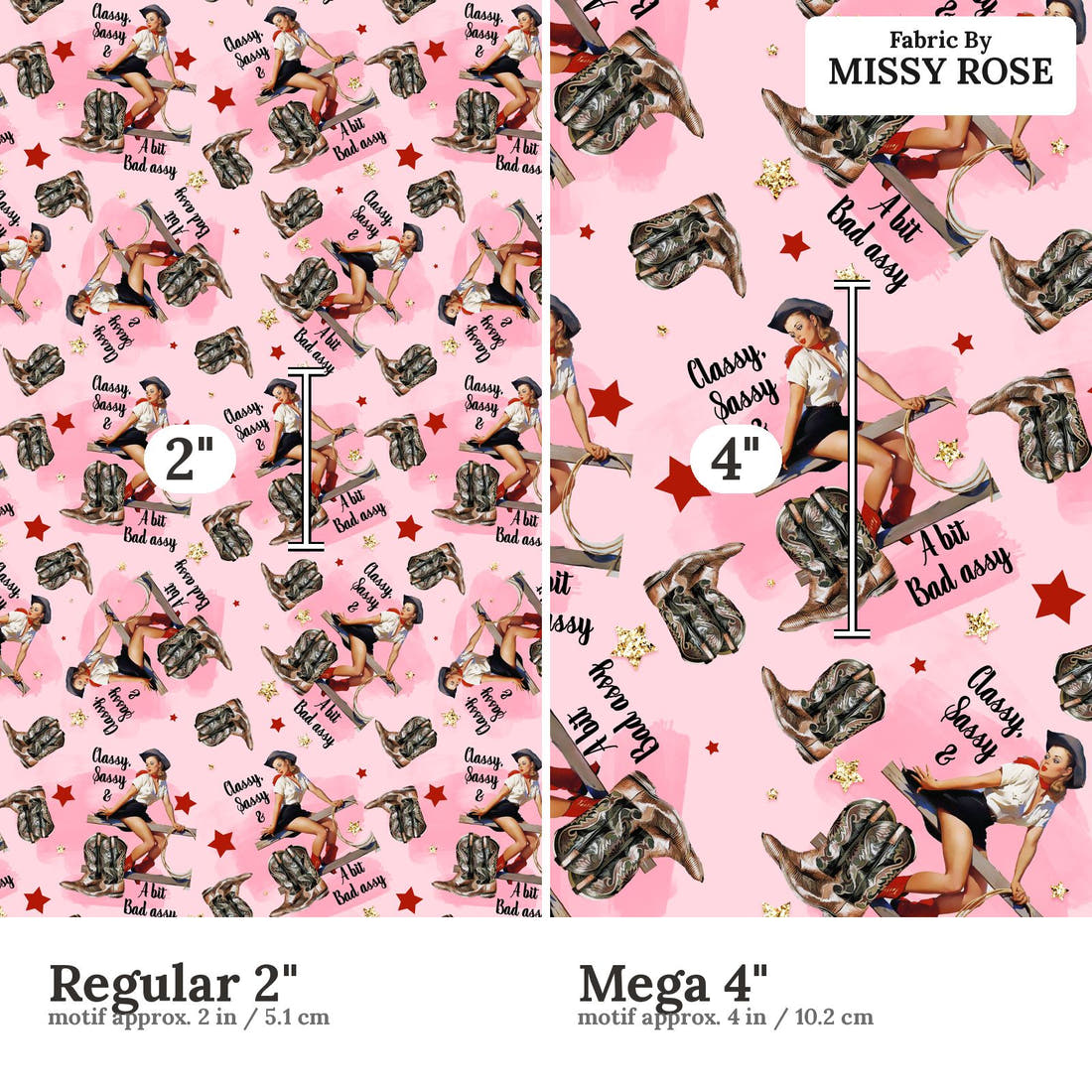 Design 304 Sassy Cowgirl Fabric size comparison - print scale | Fabric by Missy Rose
