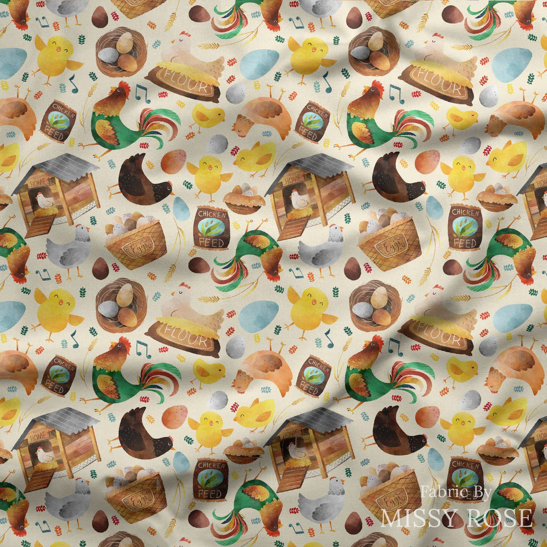Design 305 Neutral Chicken Fabric draped fabric mockup – custom printed fabric by the metre | Fabric by Missy Rose