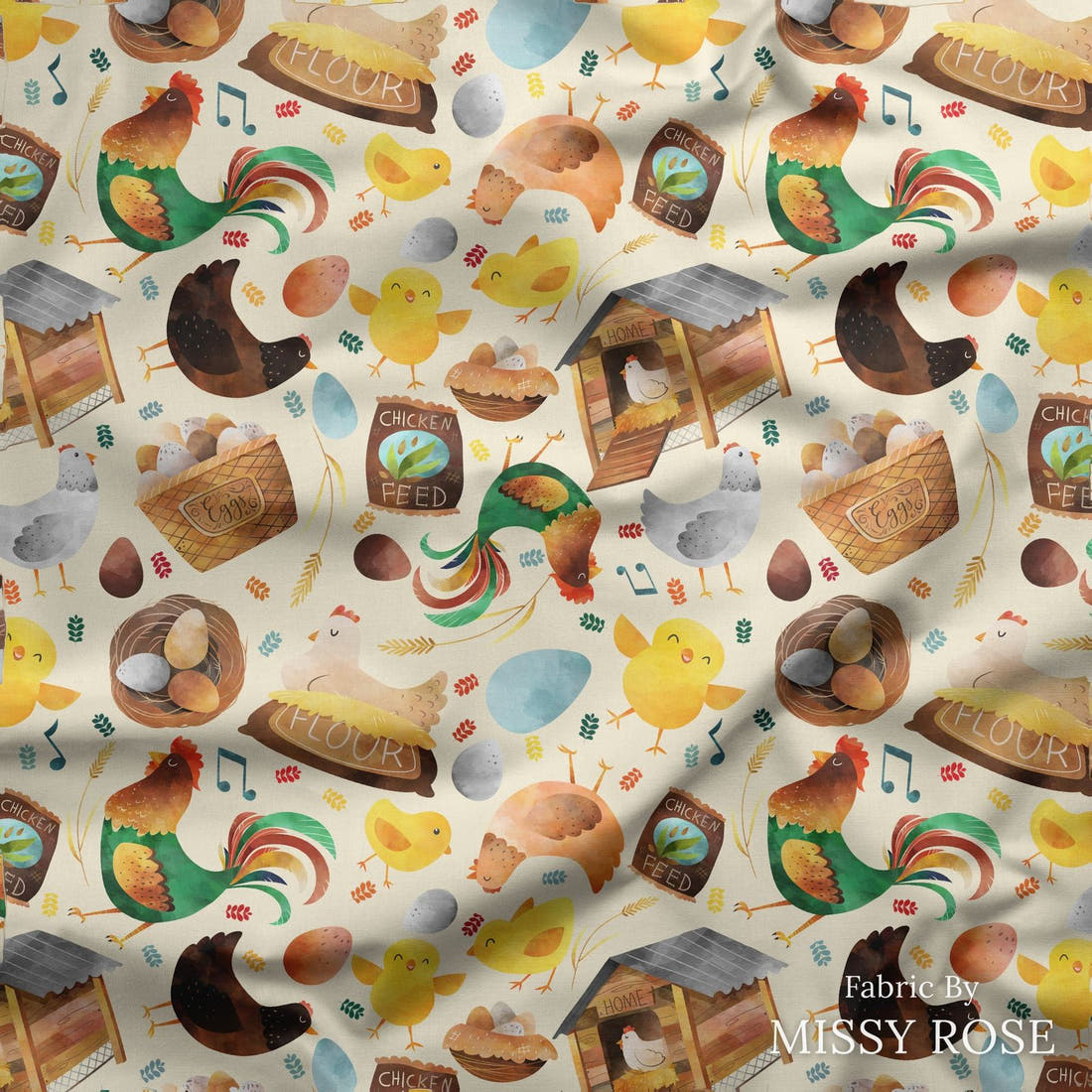 Design 305 Neutral Chicken Fabric draped fabric mockup – custom printed fabric by the metre | Fabric by Missy Rose