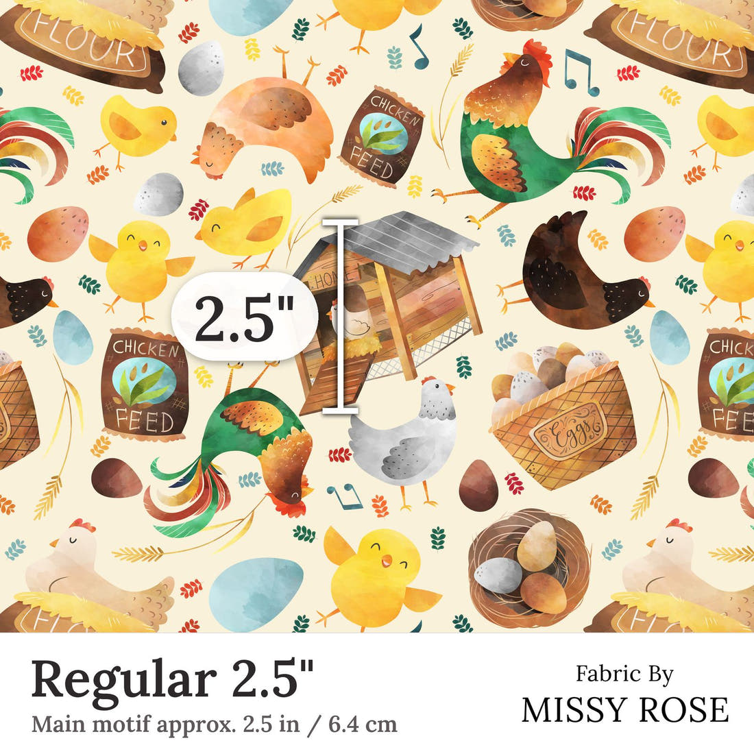 Design 305 Neutral Chicken Fabric Regular 2.5 inch print scale guide | Fabric by Missy Rose