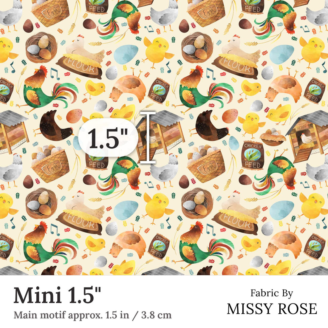 Design 305 Neutral Chicken Fabric Mini 1.5 inch print scale guide | Fabric by Missy Rose