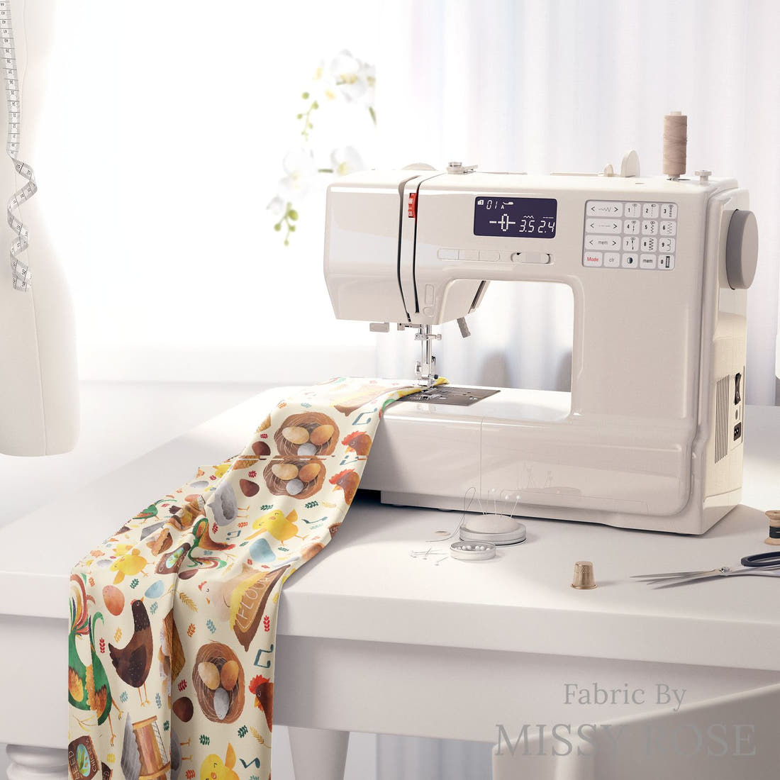 Design 305 Neutral Chicken Fabric on a sewing machine – premium fabric for sewing projects | Fabric by Missy Rose
