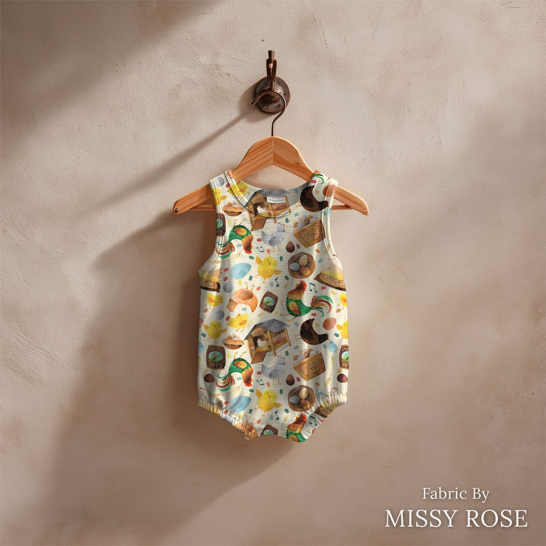 Design 305 Neutral Chicken Fabric sewn into a baby romper – see how the print looks made up | Fabric by Missy Rose