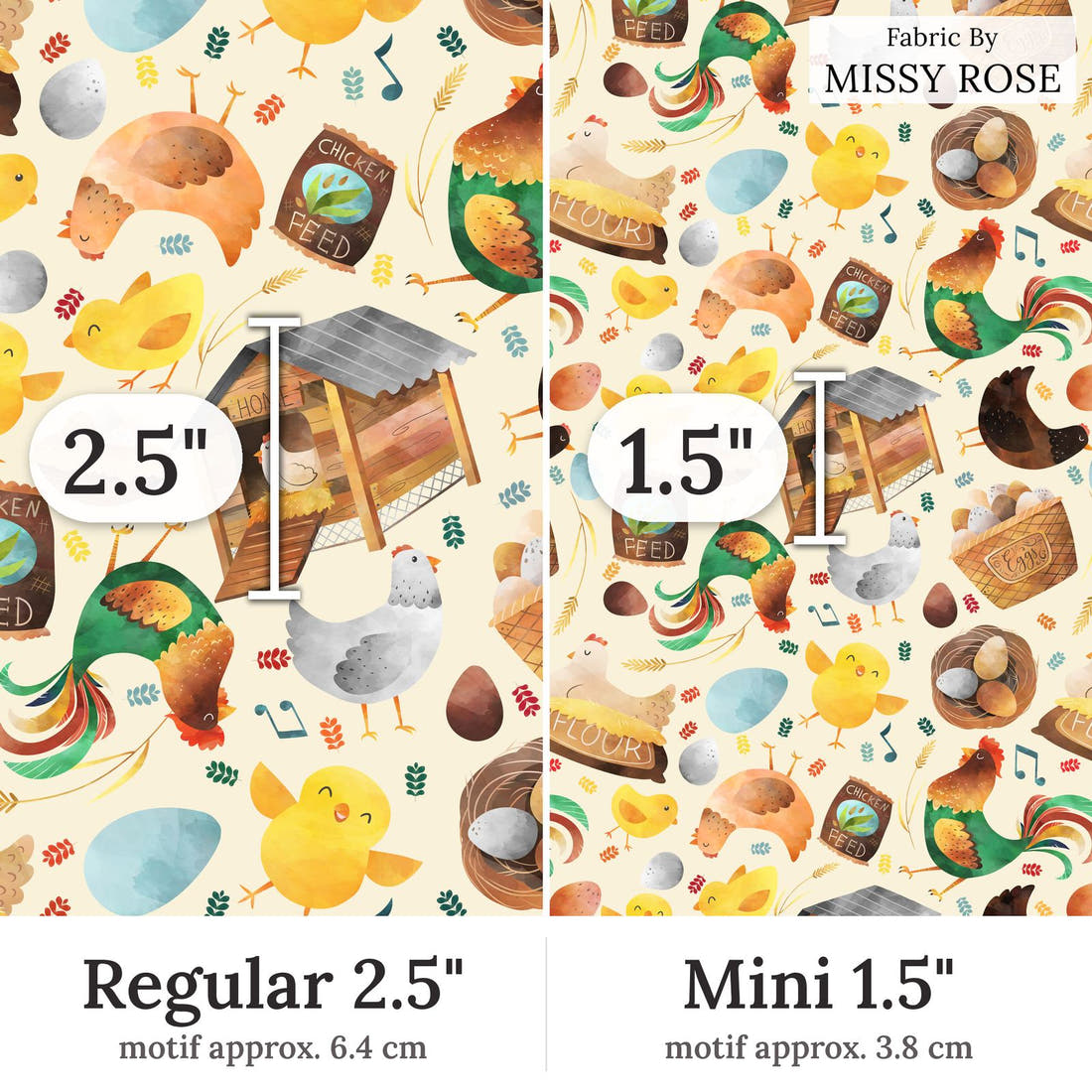 Design 305 Neutral Chicken Fabric Regular 2.5 inch vs Mini 1.5 inch print scale side by side | Fabric by Missy Rose