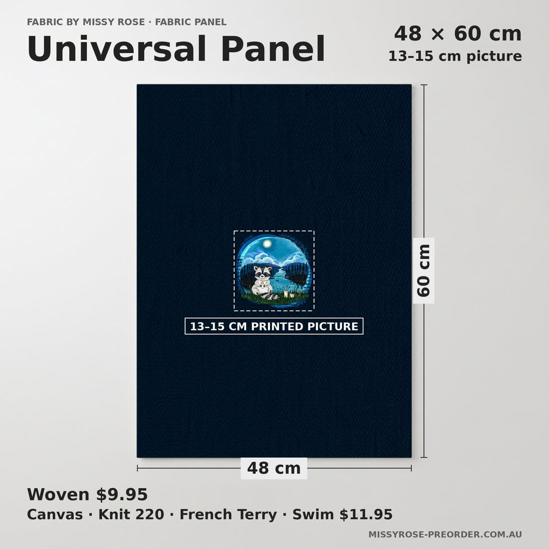 Design 306 Raccoon Panel universal panel sizing – 13–15 cm printed picture on 48 × 60 cm fabric | Fabric by Missy Rose