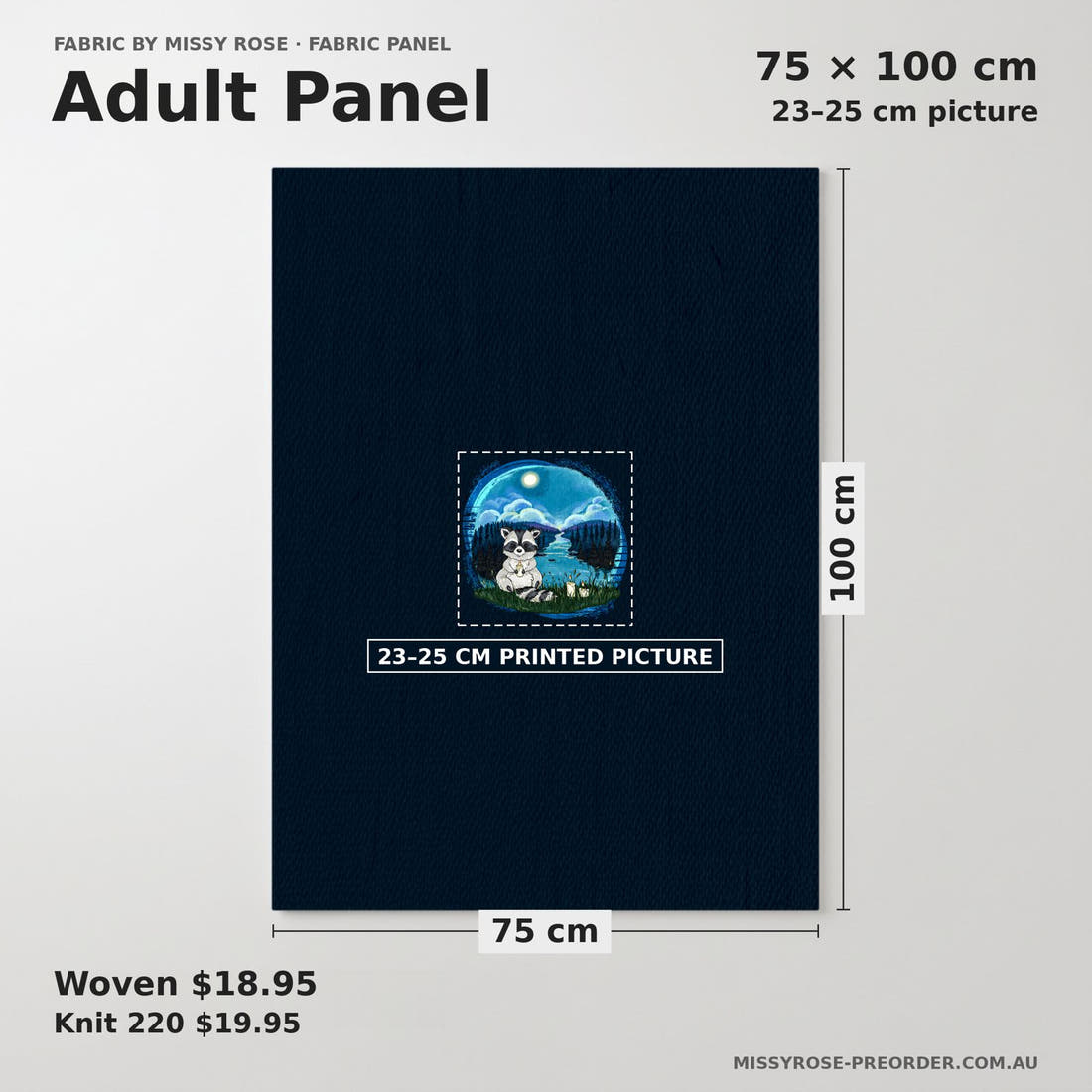 Design 306 Raccoon Panel adult panel sizing – 23–25 cm printed picture on 75 × 100 cm fabric | Fabric by Missy Rose