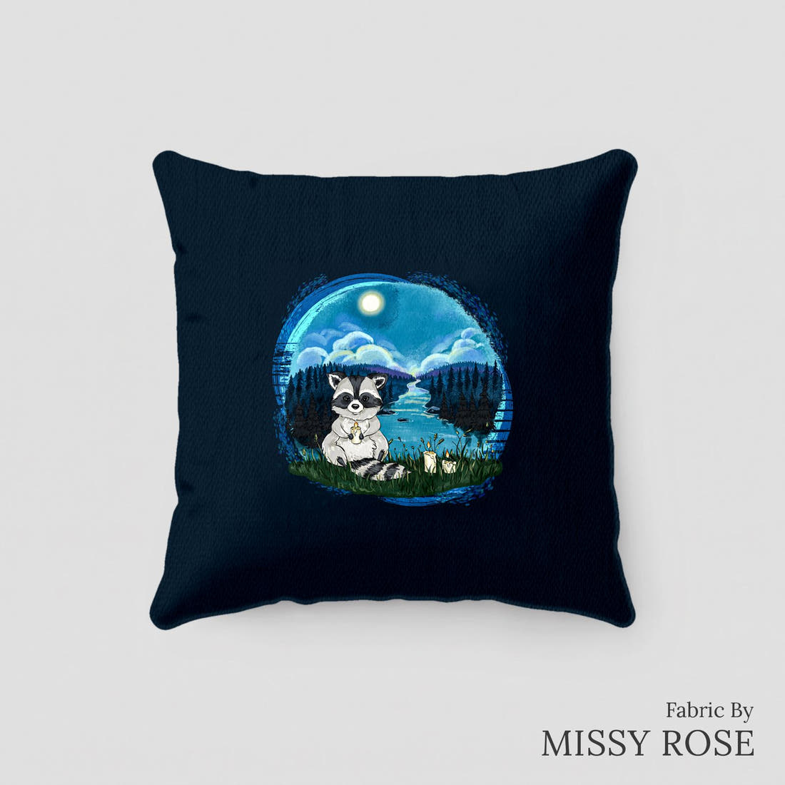 Design 306 Raccoon Panel sewn into a cushion – see how the panel looks made up | Fabric by Missy Rose
