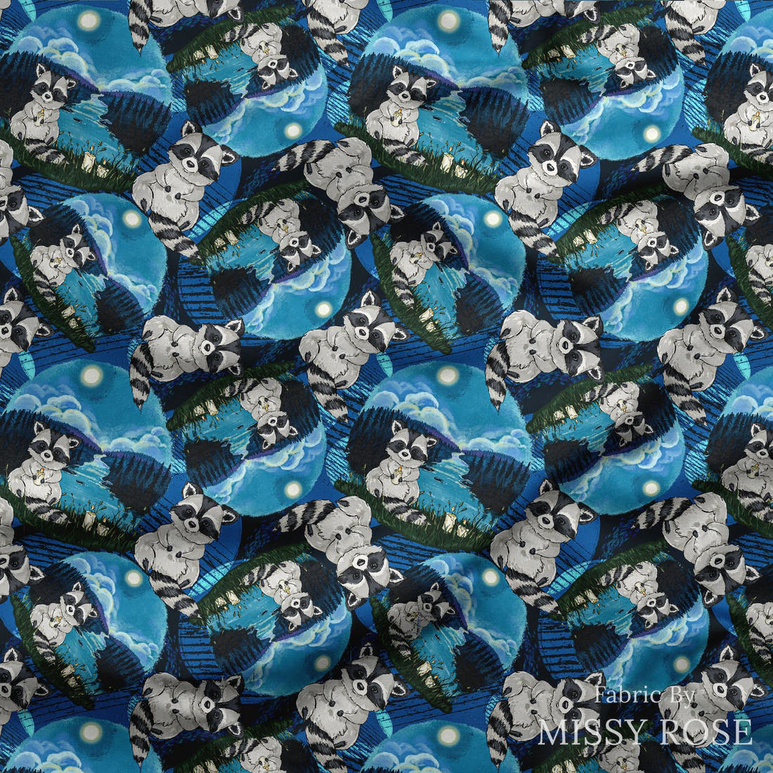 Design 306 Raccoon Fabric draped fabric mockup – custom printed fabric by the metre | Fabric by Missy Rose