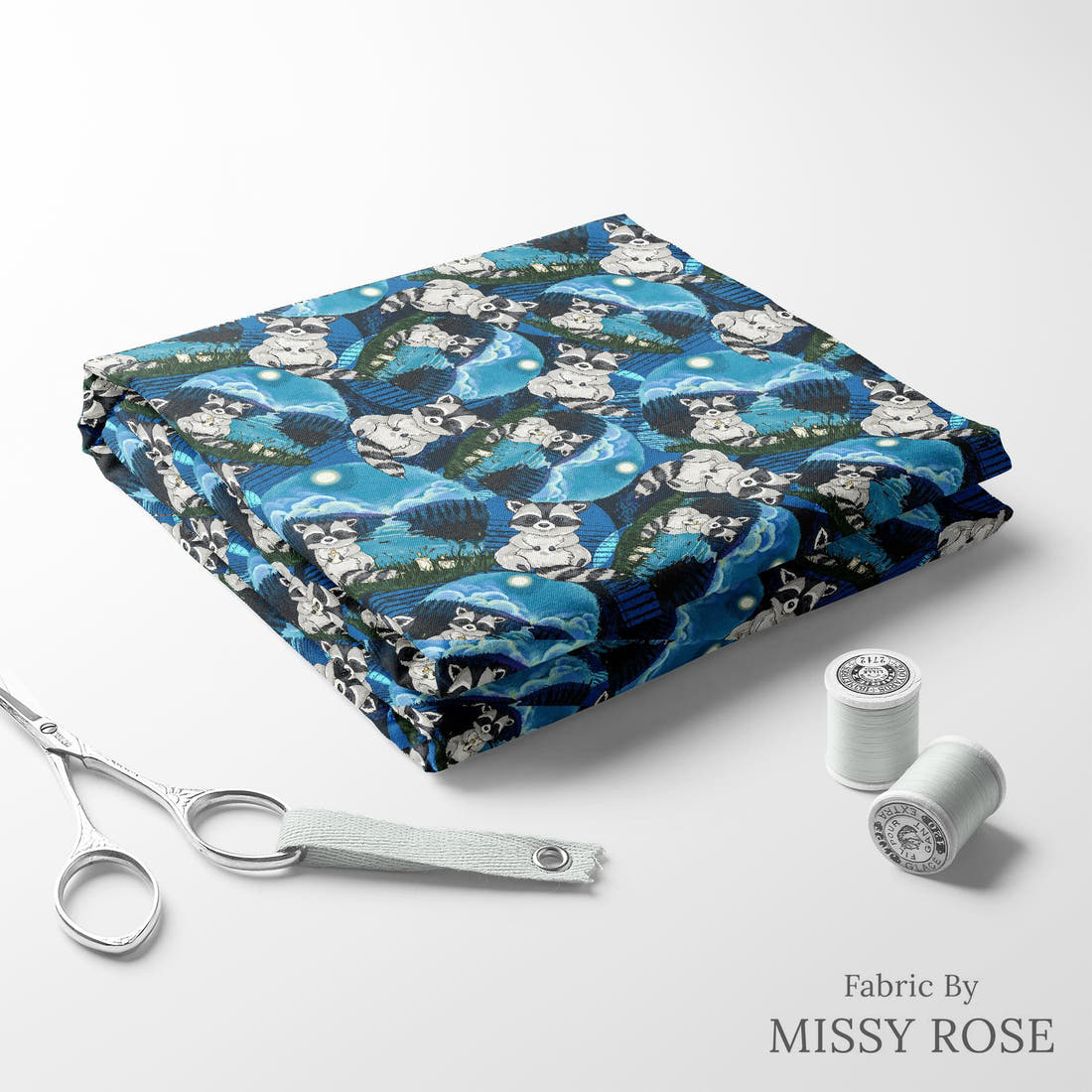 Design 306 Raccoon Fabric folded fabric stack with matching thread – pre-order fabric Australia | Fabric by Missy Rose
