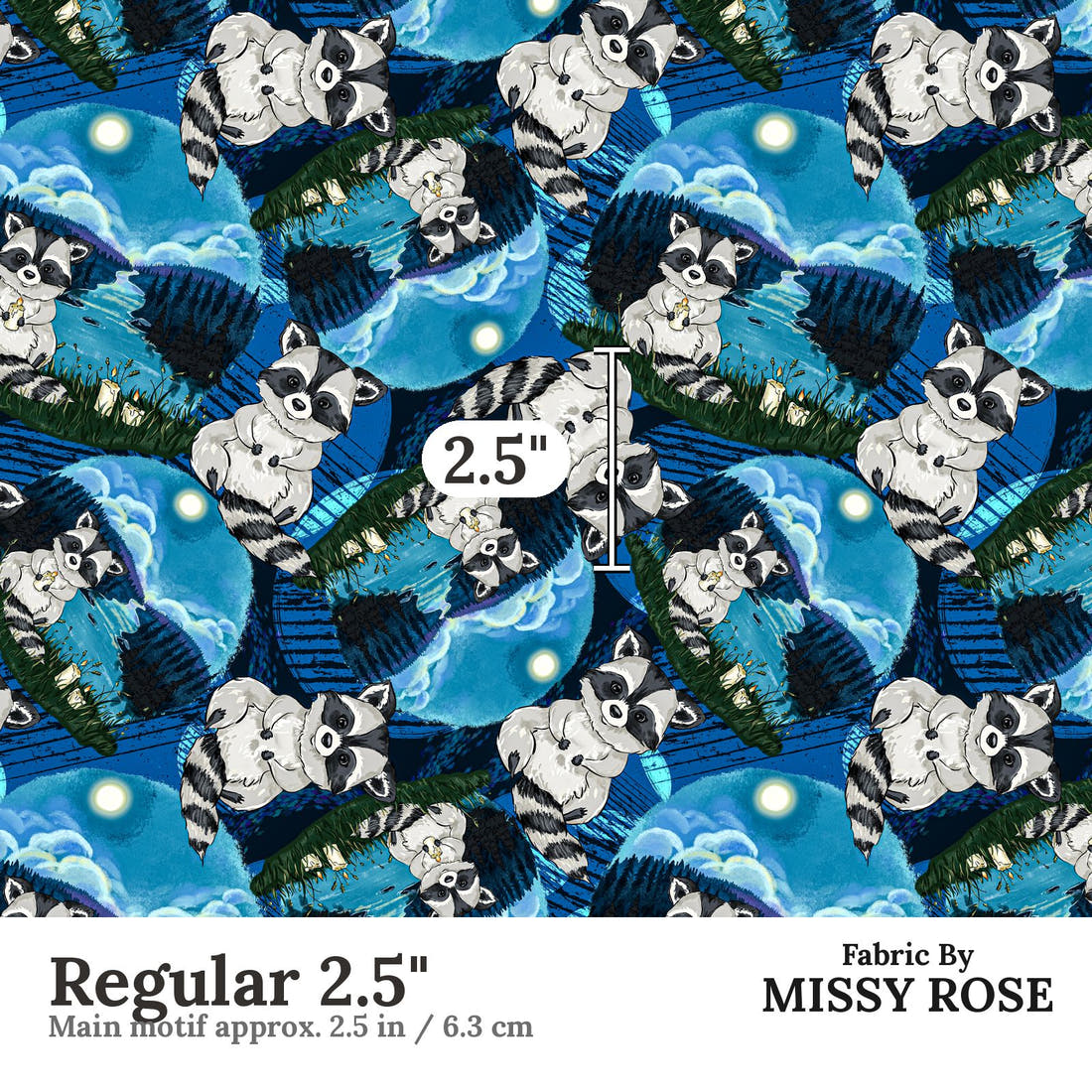 Design 306 Raccoon Fabric Regular 2.5" - print scale | Fabric by Missy Rose