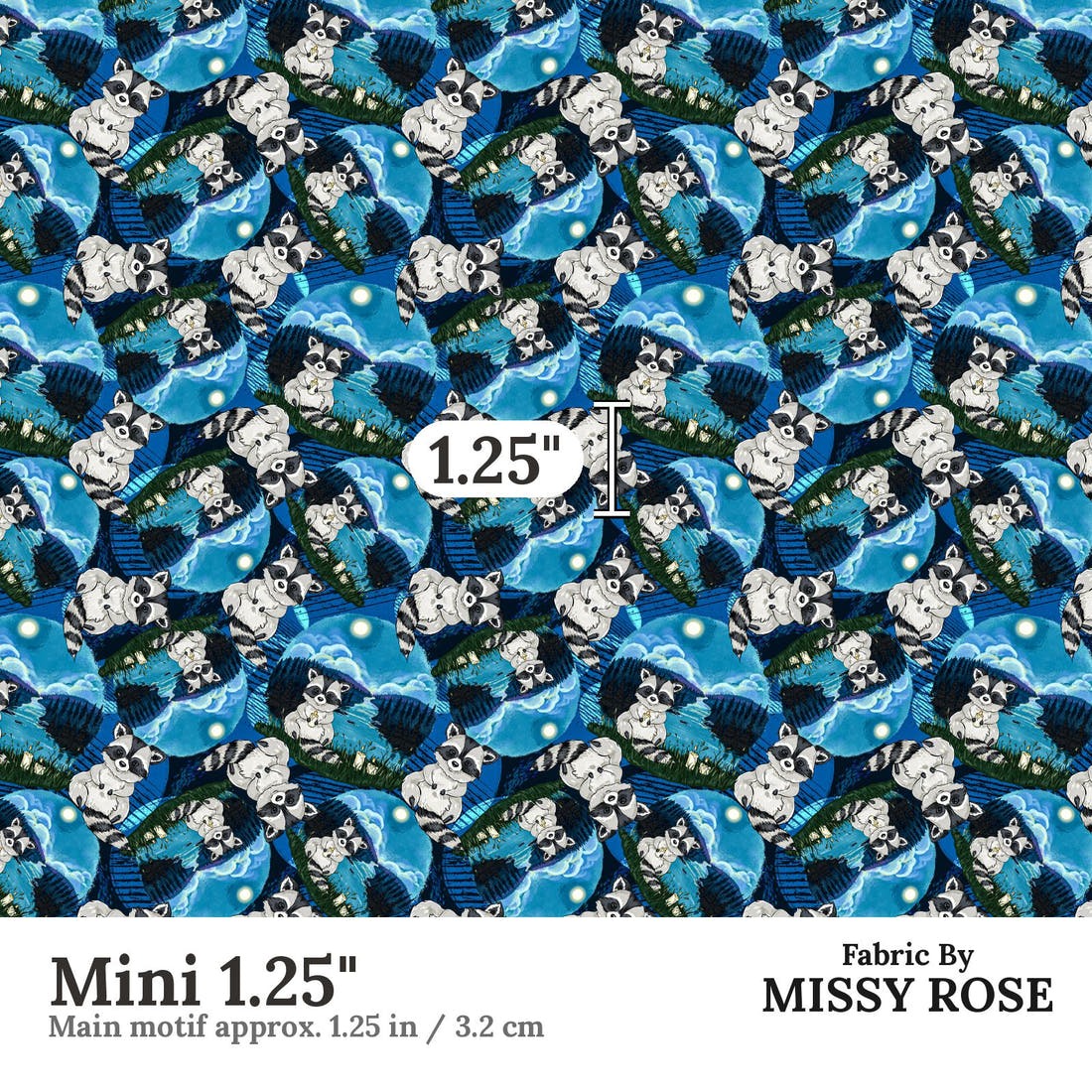 Design 306 Raccoon Fabric Mini 1.25" - print scale | Fabric by Missy Rose