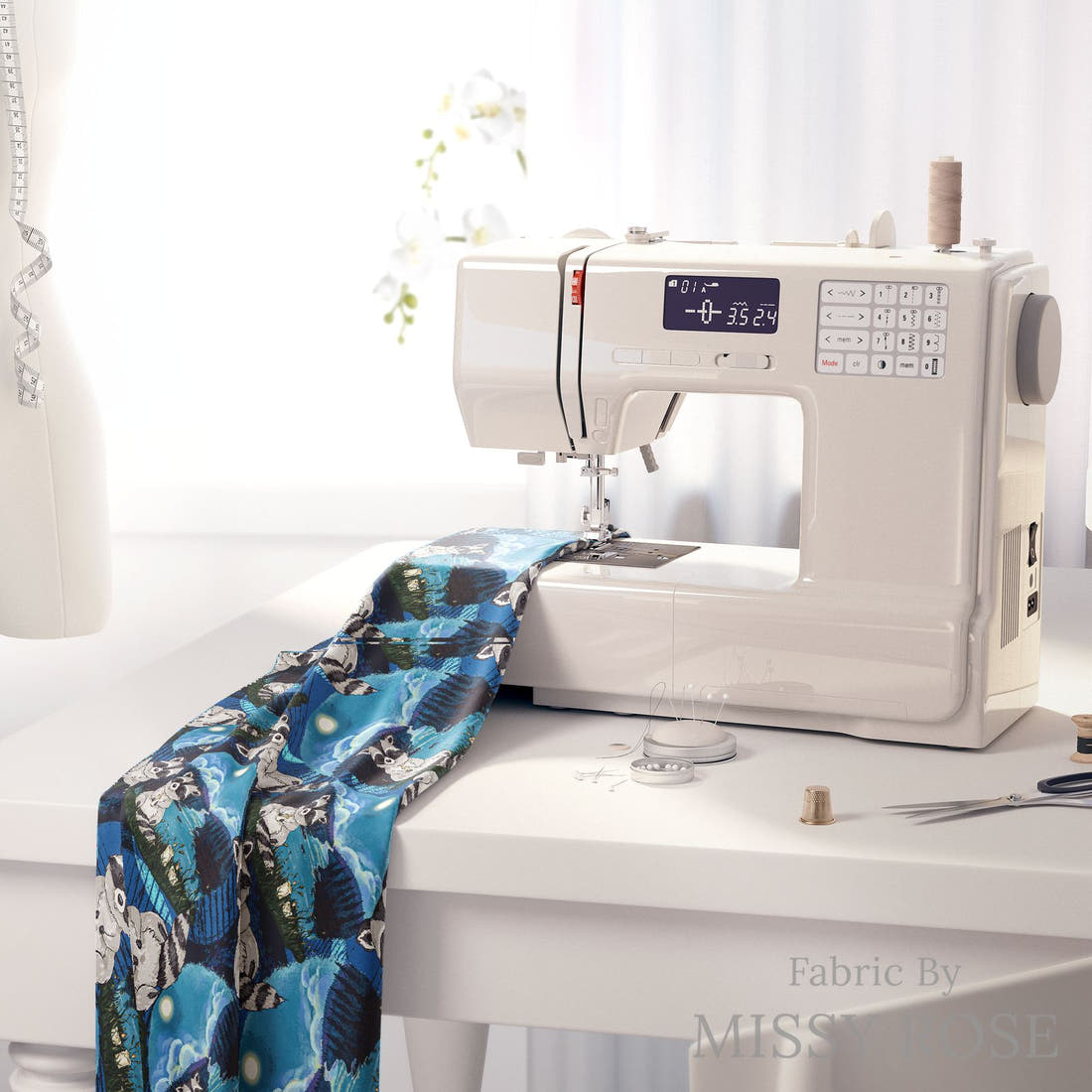 Design 306 Raccoon Fabric on a sewing machine – premium fabric for sewing projects | Fabric by Missy Rose