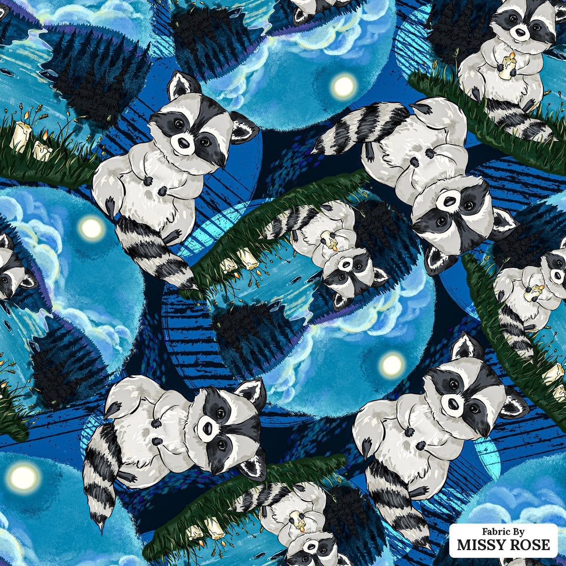 Design 306 Raccoon Fabric - flat view of the print, zoom in for detail | Fabric by Missy Rose