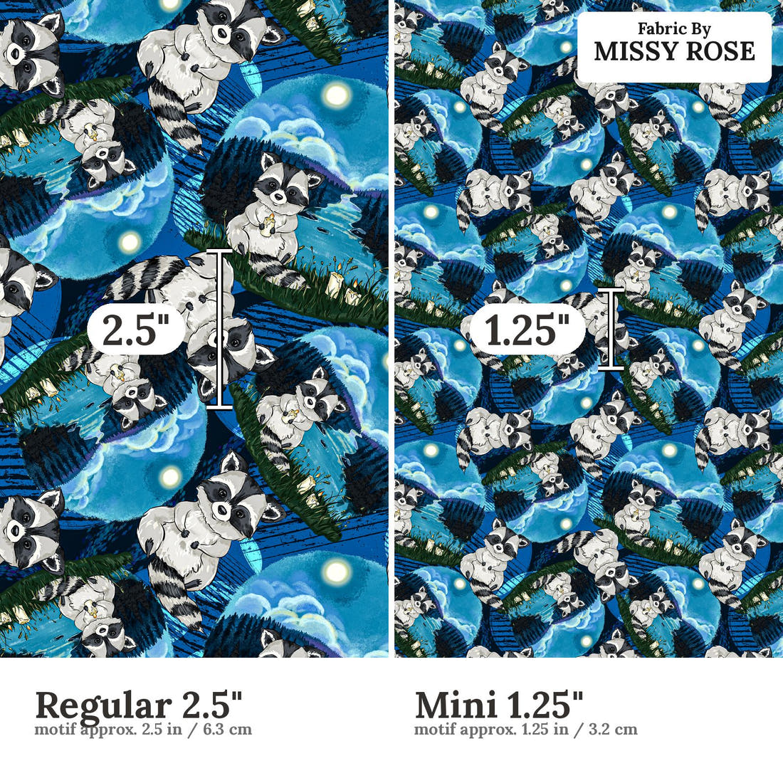 Design 306 Raccoon Fabric size comparison - print scale | Fabric by Missy Rose