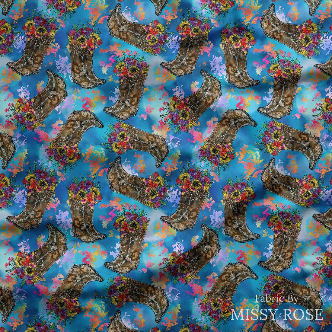 Design 307 Floral Cowgirl Boots draped fabric mockup – custom printed fabric by the metre | Fabric by Missy Rose