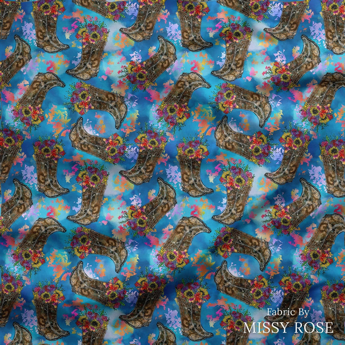 Design 307 Floral Cowgirl Boots draped fabric mockup – custom printed fabric by the metre | Fabric by Missy Rose