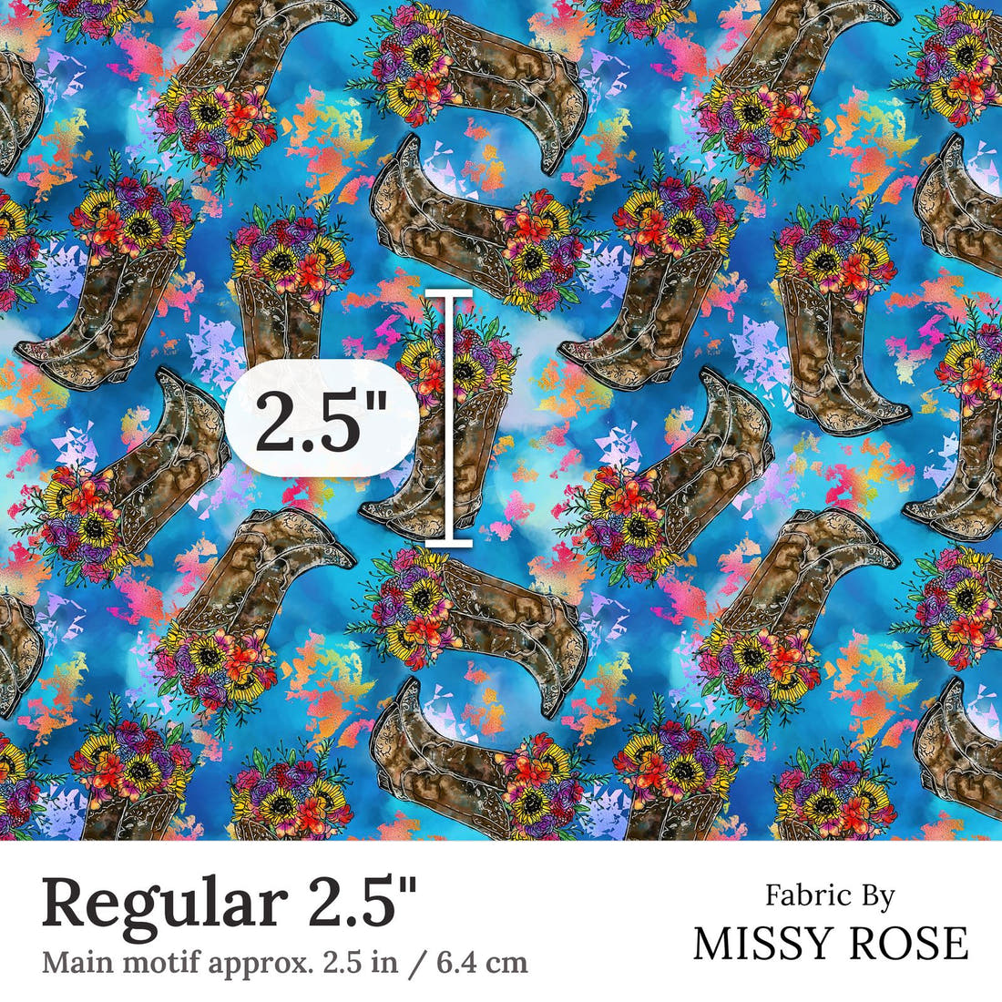 Design 307 Floral Cowgirl Boots Regular 2.5 inch print scale guide | Fabric by Missy Rose