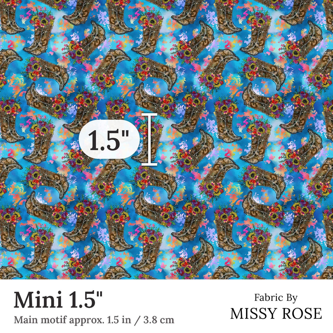 Design 307 Floral Cowgirl Boots Mini 1.5 inch print scale guide | Fabric by Missy Rose