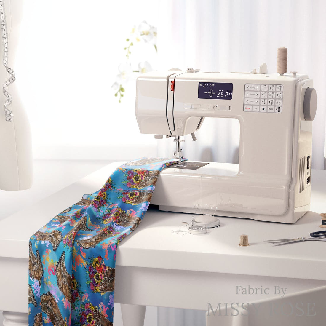 Design 307 Floral Cowgirl Boots on a sewing machine – premium fabric for sewing projects | Fabric by Missy Rose