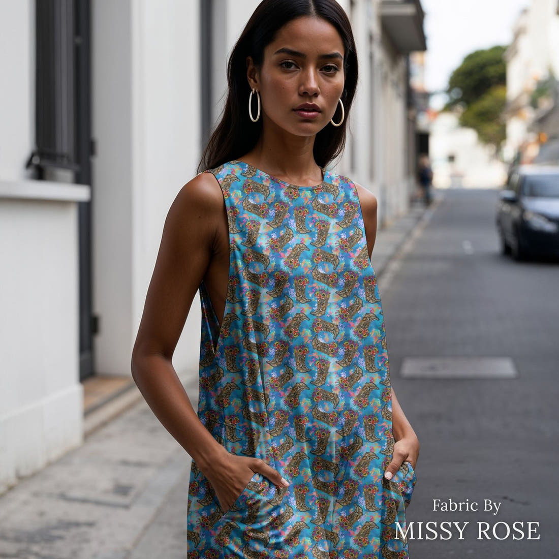 Design 307 Floral Cowgirl Boots sewn into a women's jumpsuit – see how the print looks made up | Fabric by Missy Rose