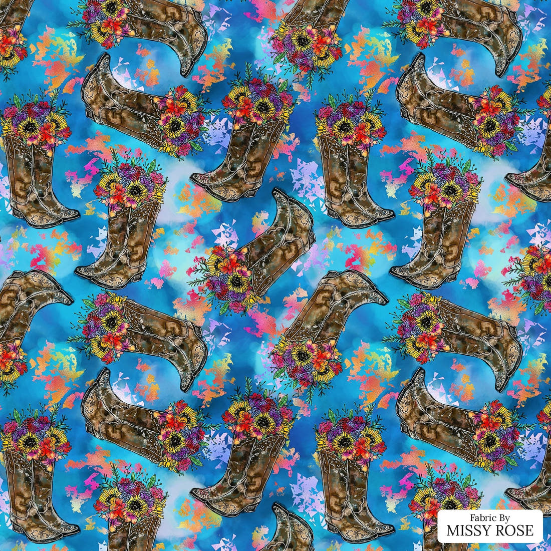 Design 307 Floral Cowgirl Boots - flat view of the print, zoom in for detail | Fabric by Missy Rose