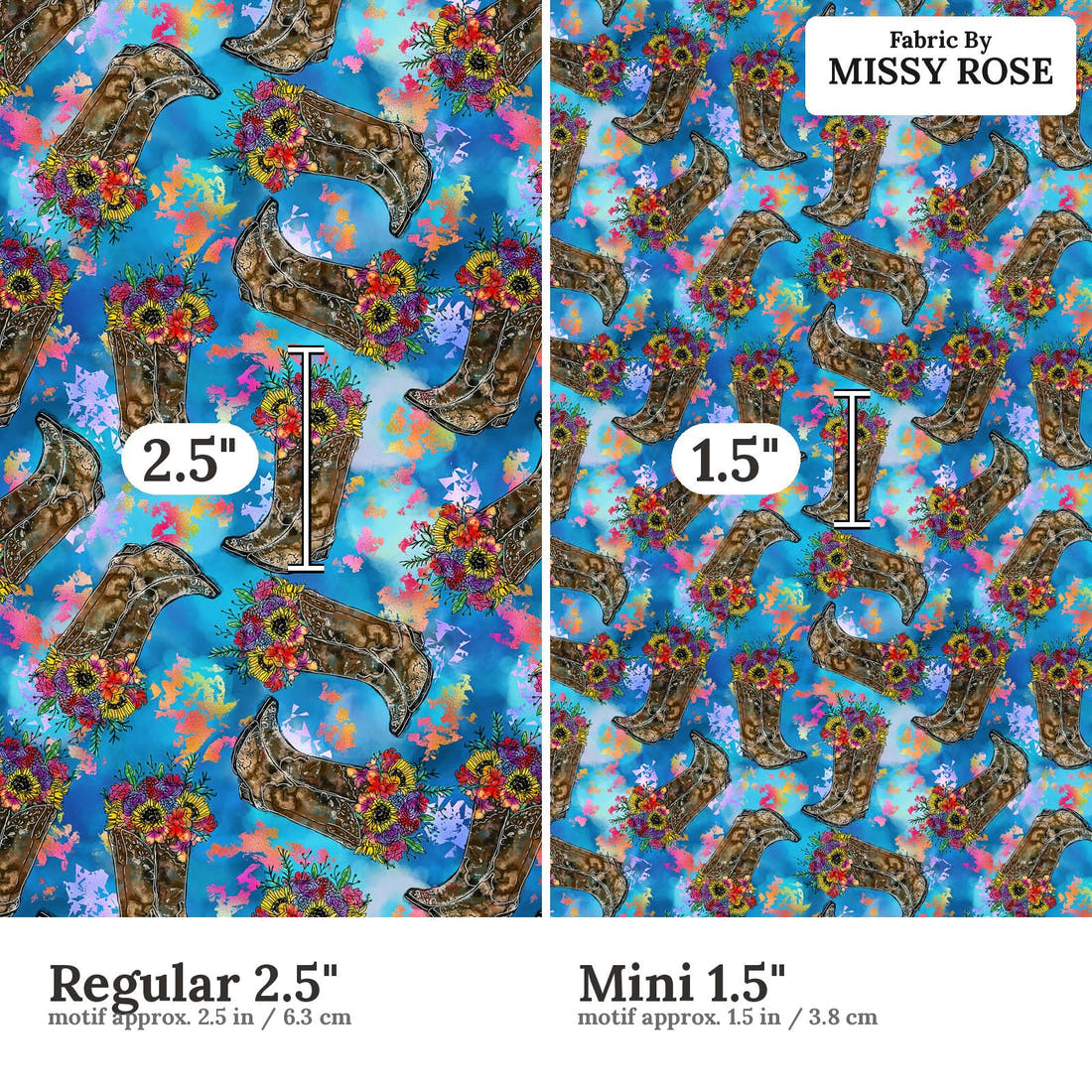 Design 307 Floral Cowgirl Boots size comparison - print scale | Fabric by Missy Rose