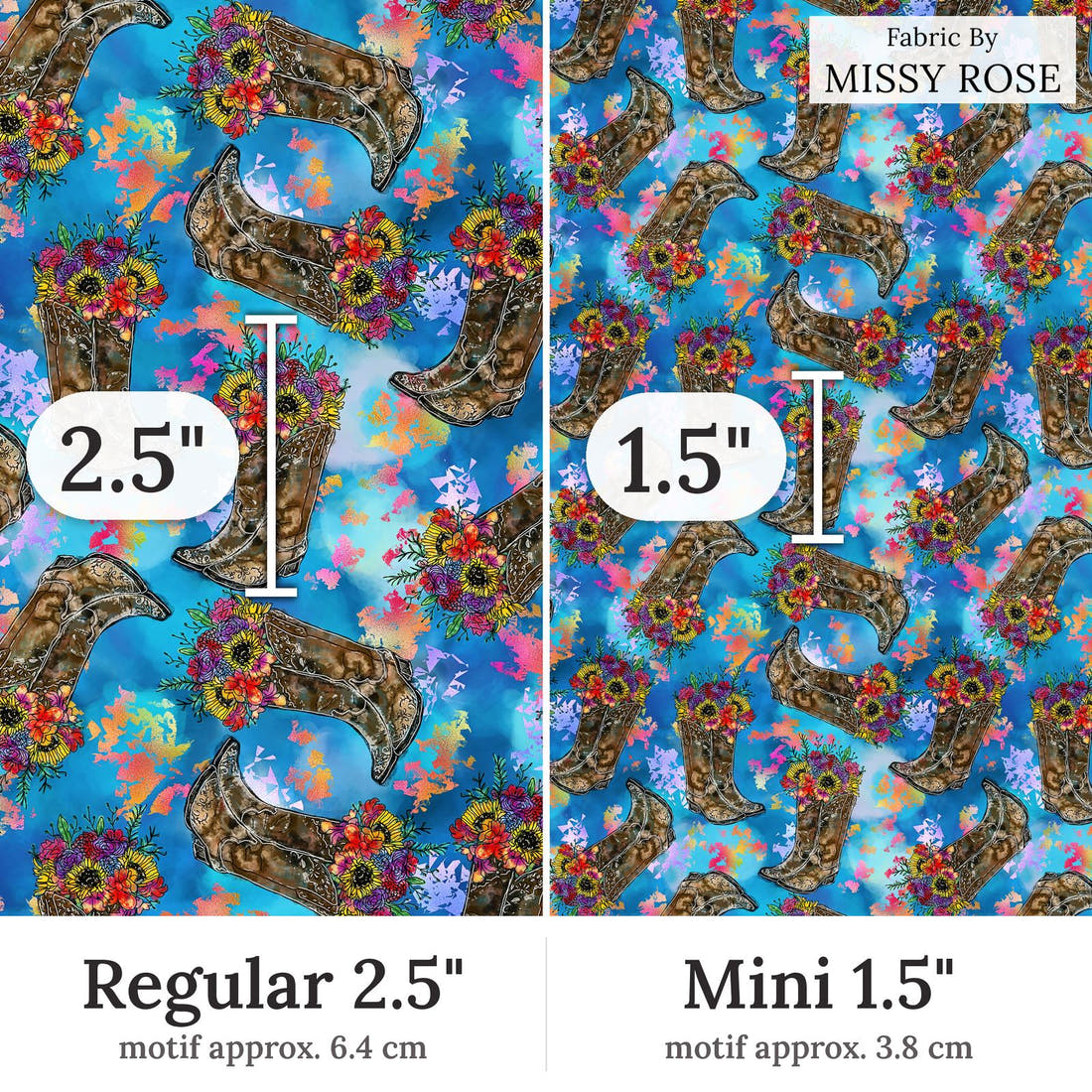 Design 307 Floral Cowgirl Boots Regular 2.5 inch vs Mini 1.5 inch print scale side by side | Fabric by Missy Rose