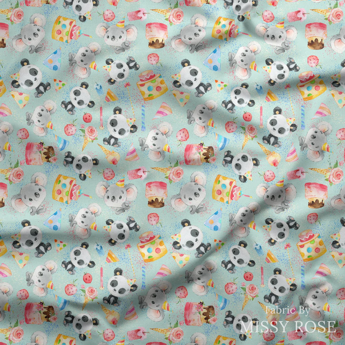 Design 308 Birthday Fabric draped fabric mockup – custom printed fabric by the metre | Fabric by Missy Rose