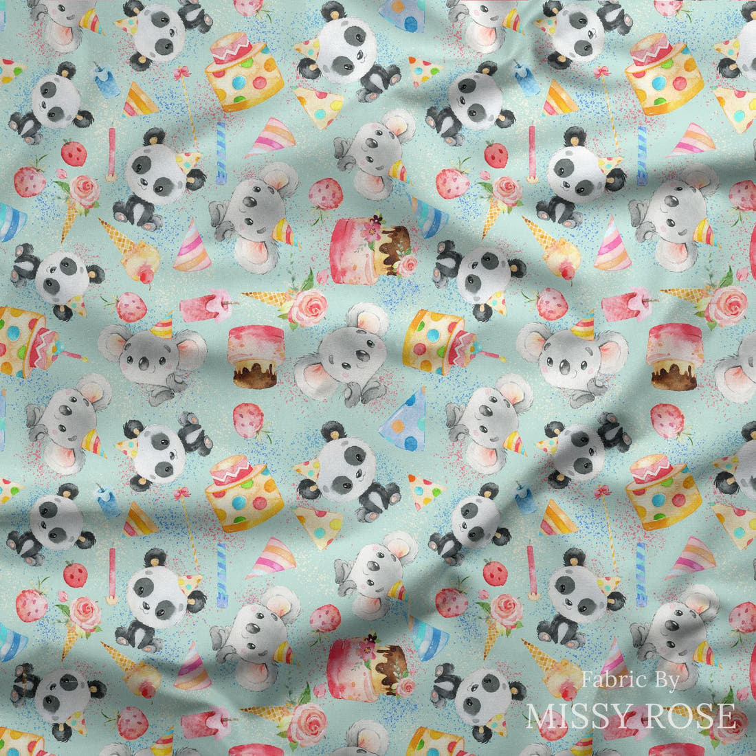 Design 308 Birthday Fabric draped fabric mockup – custom printed fabric by the metre | Fabric by Missy Rose