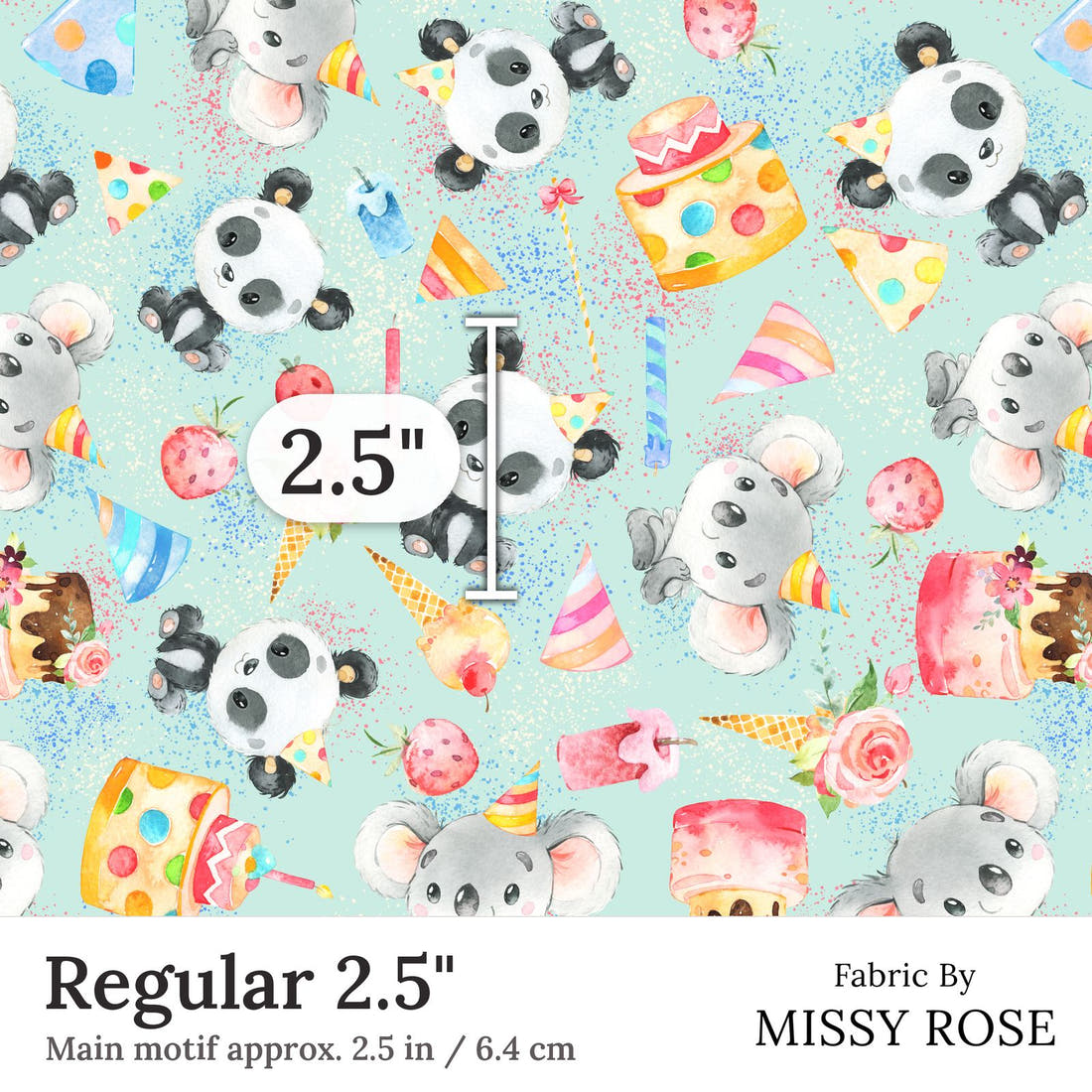 Design 308 Birthday Fabric Regular 2.5 inch print scale guide | Fabric by Missy Rose