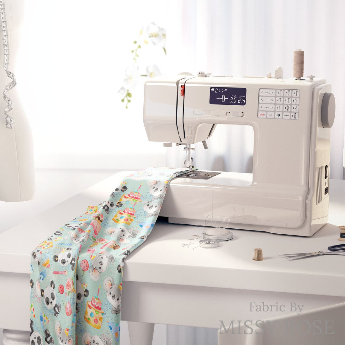 Design 308 Birthday Fabric on a sewing machine – premium fabric for sewing projects | Fabric by Missy Rose