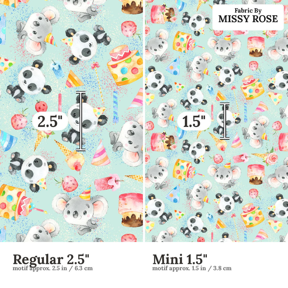 Design 308 Birthday Fabric size comparison - print scale | Fabric by Missy Rose