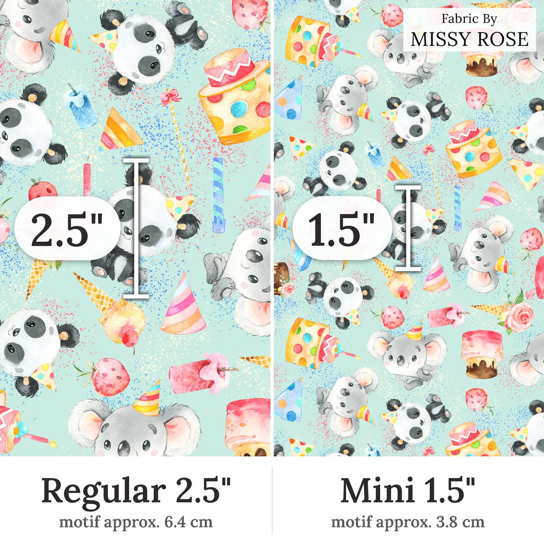 Design 308 Birthday Fabric Regular 2.5 inch vs Mini 1.5 inch print scale side by side | Fabric by Missy Rose