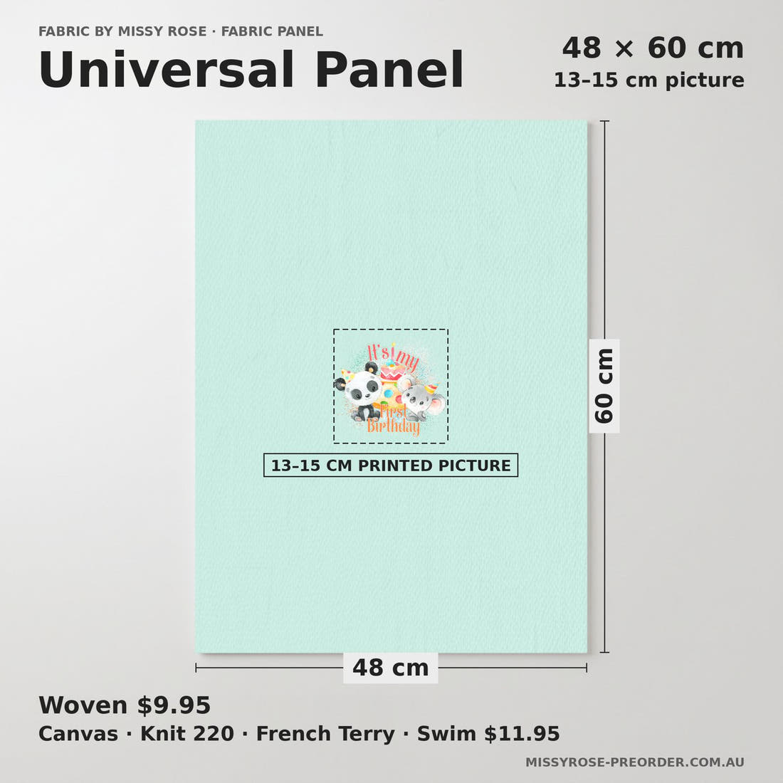 Design 308 Birthday Panel universal panel sizing – 13–15 cm printed picture on 48 × 60 cm fabric | Fabric by Missy Rose