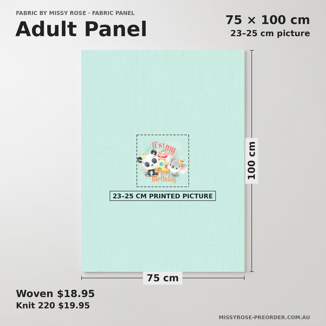 Design 308 Birthday Panel adult panel sizing – 23–25 cm printed picture on 75 × 100 cm fabric | Fabric by Missy Rose
