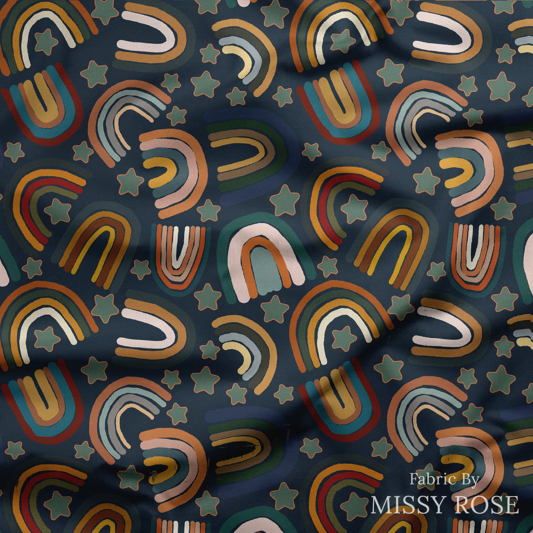 Design 309 Navy Rainbows Fabric draped fabric mockup – custom printed fabric by the metre | Fabric by Missy Rose