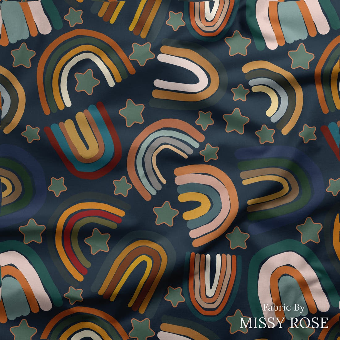 Design 309 Navy Rainbows Fabric draped fabric mockup – custom printed fabric by the metre | Fabric by Missy Rose