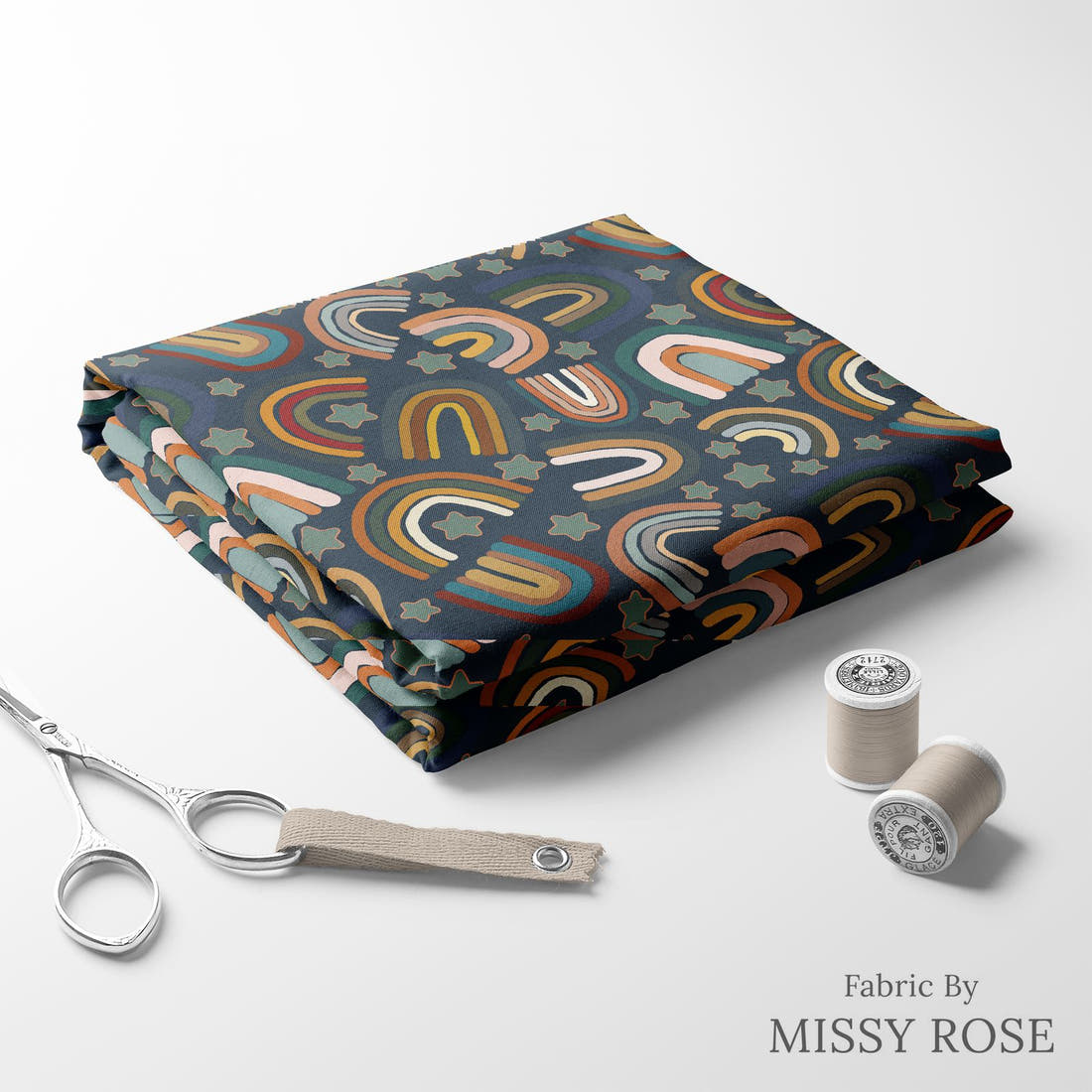 Design 309 Navy Rainbows Fabric folded fabric stack with matching thread – pre-order fabric Australia | Fabric by Missy Rose