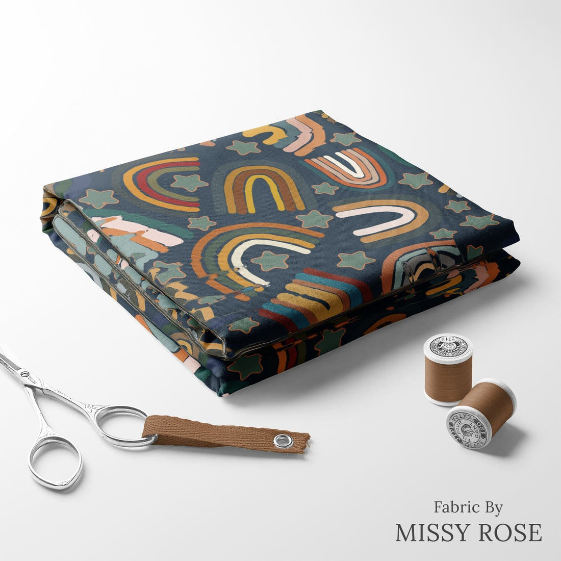 Design 309 Navy Rainbows Fabric folded fabric stack with matching thread – pre-order fabric Australia | Fabric by Missy Rose
