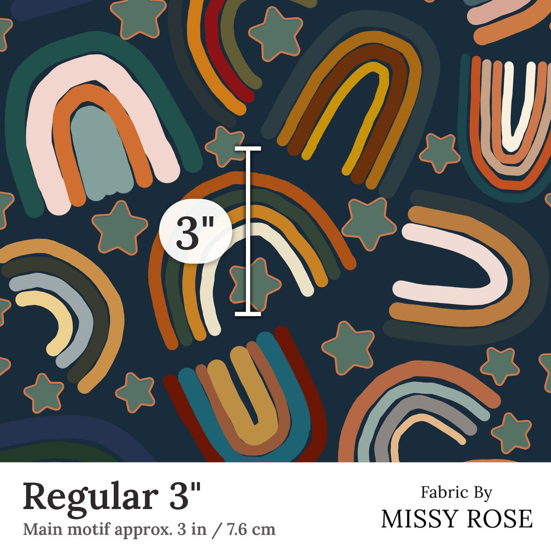 Design 309 Navy Rainbows Fabric Regular 3 inch print scale guide | Fabric by Missy Rose