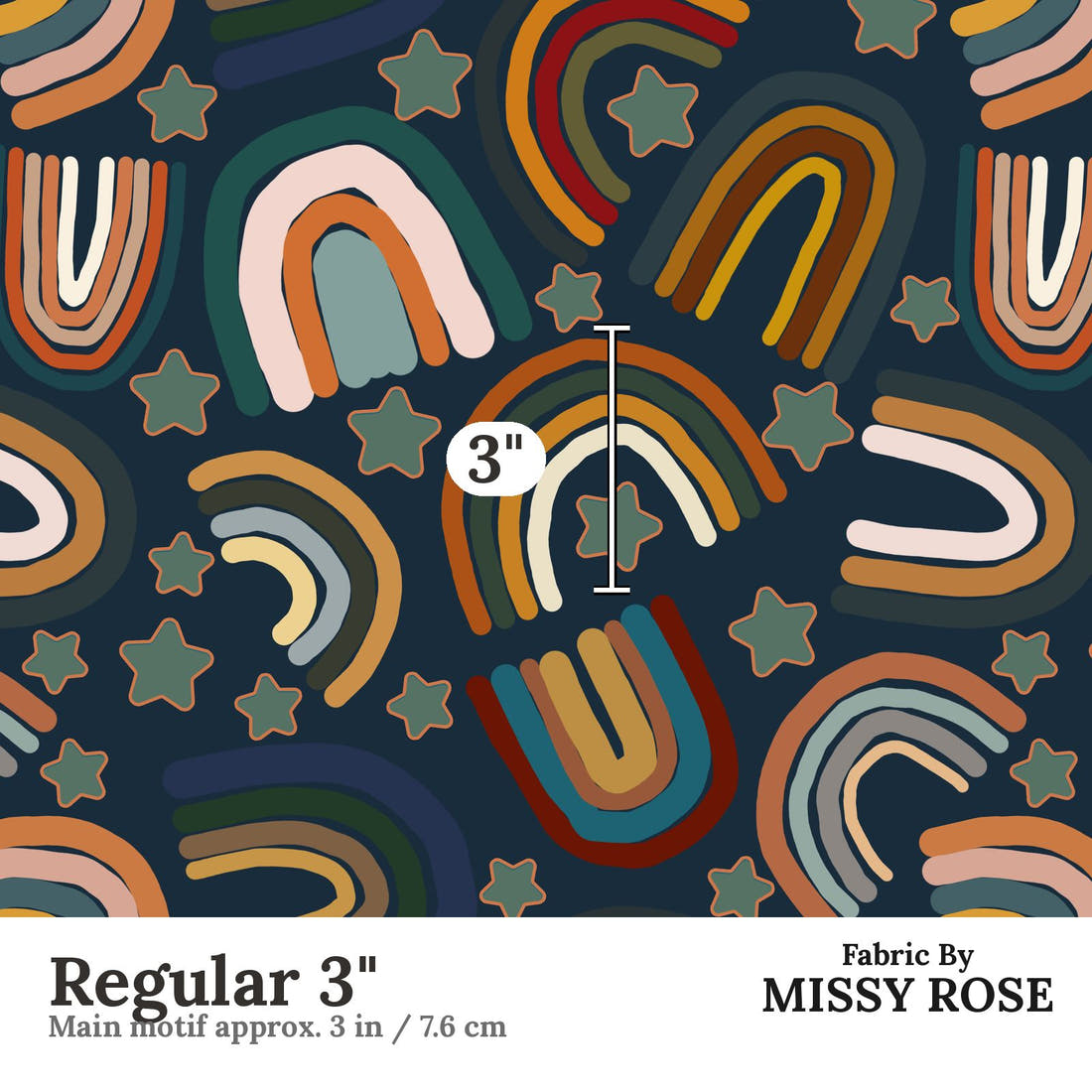 Design 309 Navy Rainbows Fabric Regular 3" - print scale | Fabric by Missy Rose