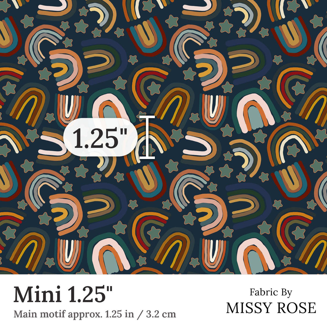 Design 309 Navy Rainbows Fabric Mini 1.25 inch print scale guide | Fabric by Missy Rose
