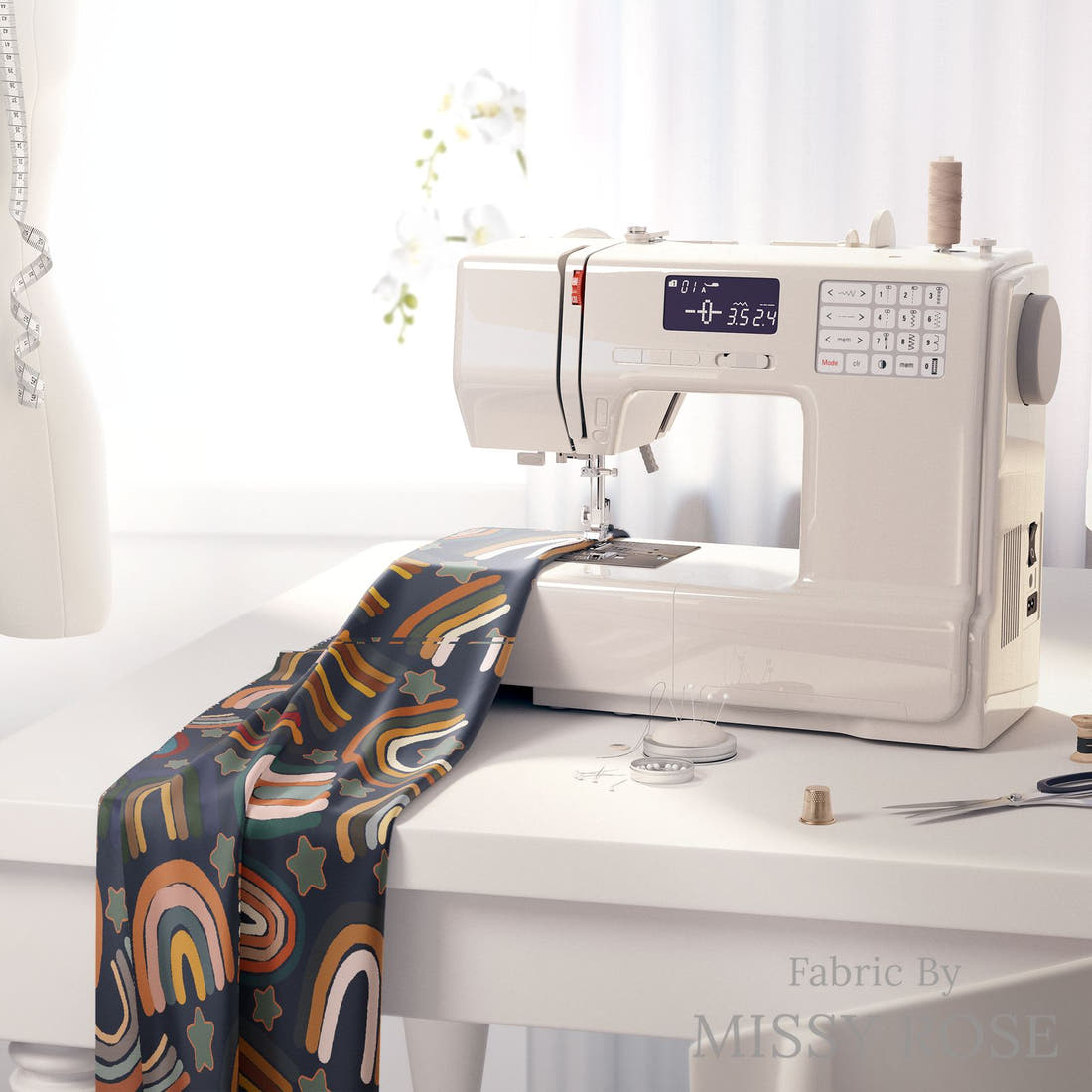 Design 309 Navy Rainbows Fabric on a sewing machine – premium fabric for sewing projects | Fabric by Missy Rose