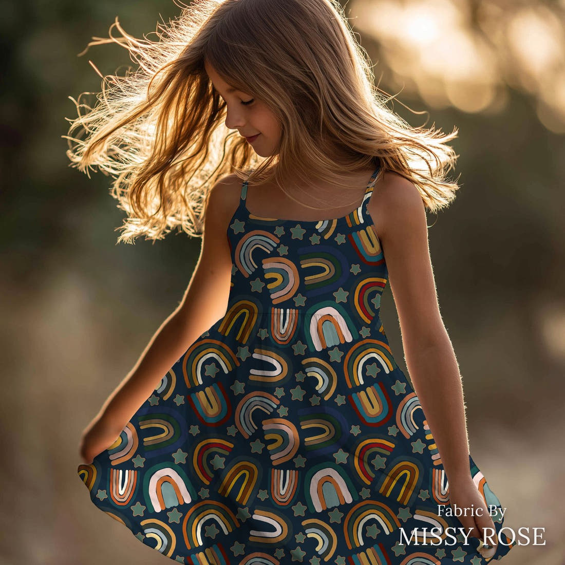 Design 309 Navy Rainbows Fabric sewn into a girls' dress – see how the print looks made up | Fabric by Missy Rose