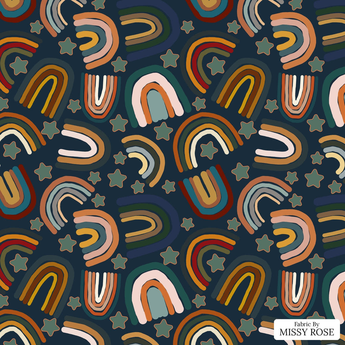 Design 309 Navy Rainbows Fabric - flat view of the print, zoom in for detail | Fabric by Missy Rose