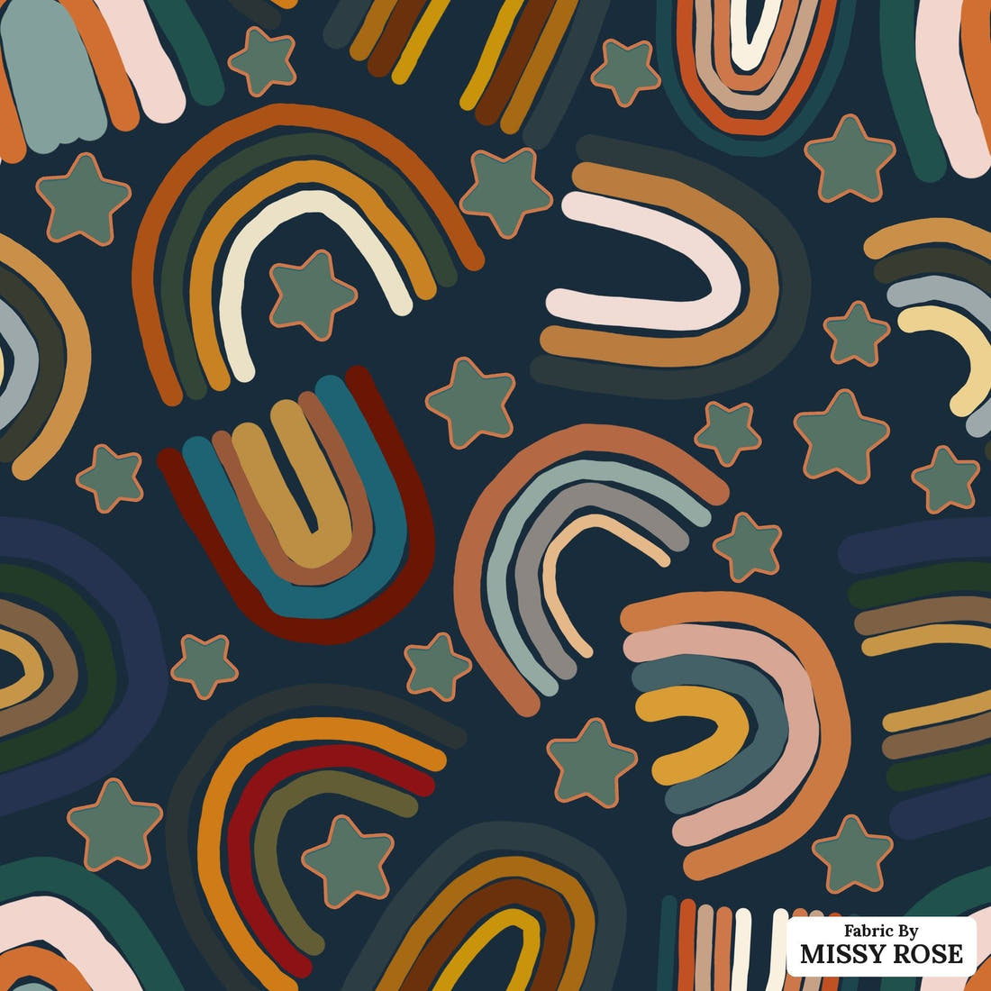 Design 309 Navy Rainbows Fabric - flat view of the print, zoom in for detail | Fabric by Missy Rose