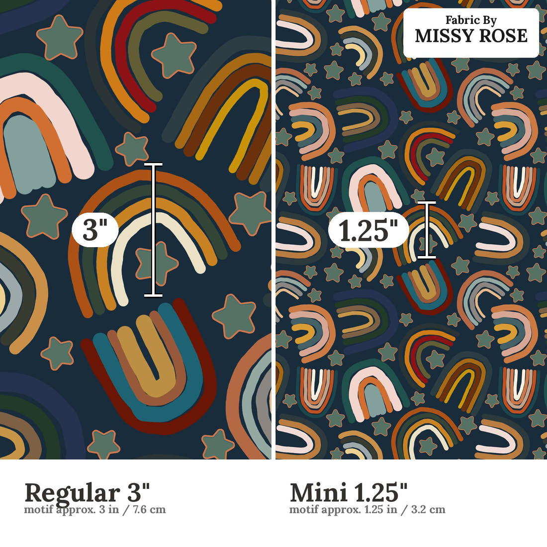 Design 309 Navy Rainbows Fabric size comparison - print scale | Fabric by Missy Rose